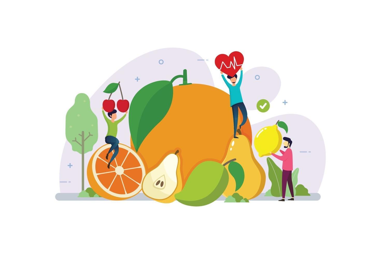 Organic fruit for healthy lifestyle with tiny people design concept vector