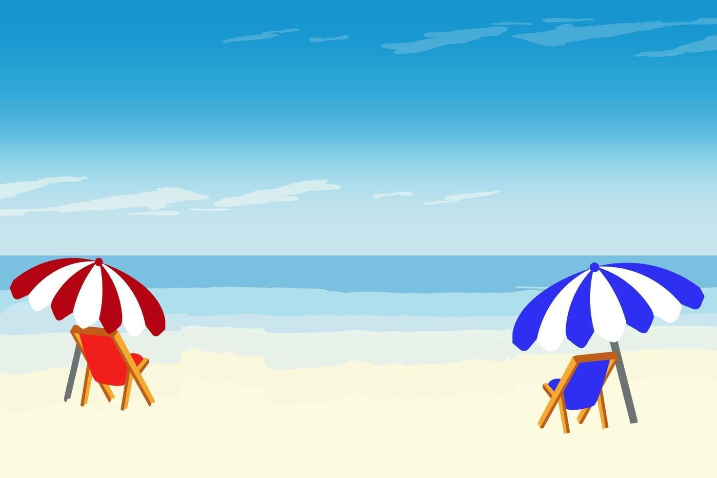 Fondo de playa de verano con sillas de playa y sombrillas. vector