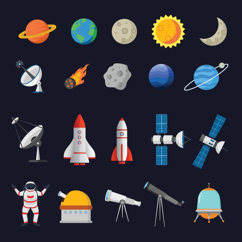 Set of space objects collection vector illustration isolated on dark background