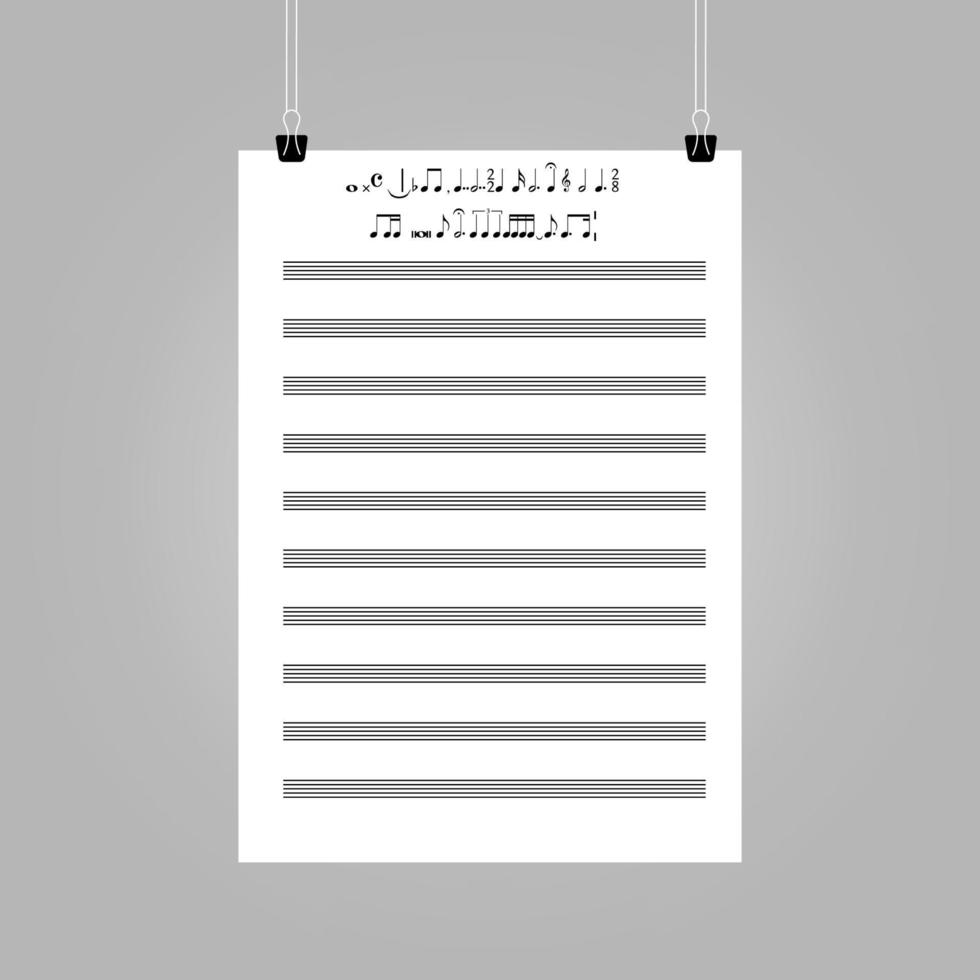 Maqueta colgante de papel musical vertical con notas musicales vector