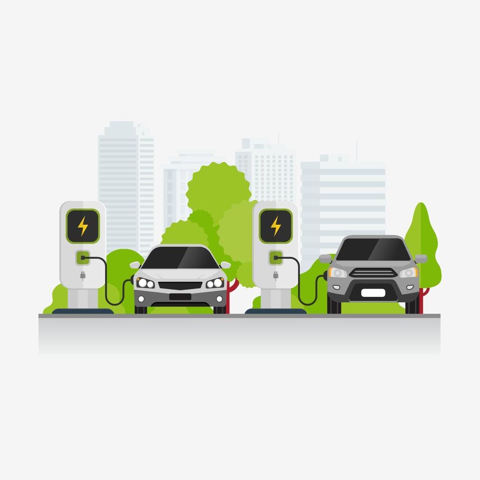 Electric vehicle charging technology at parking area vector illustration