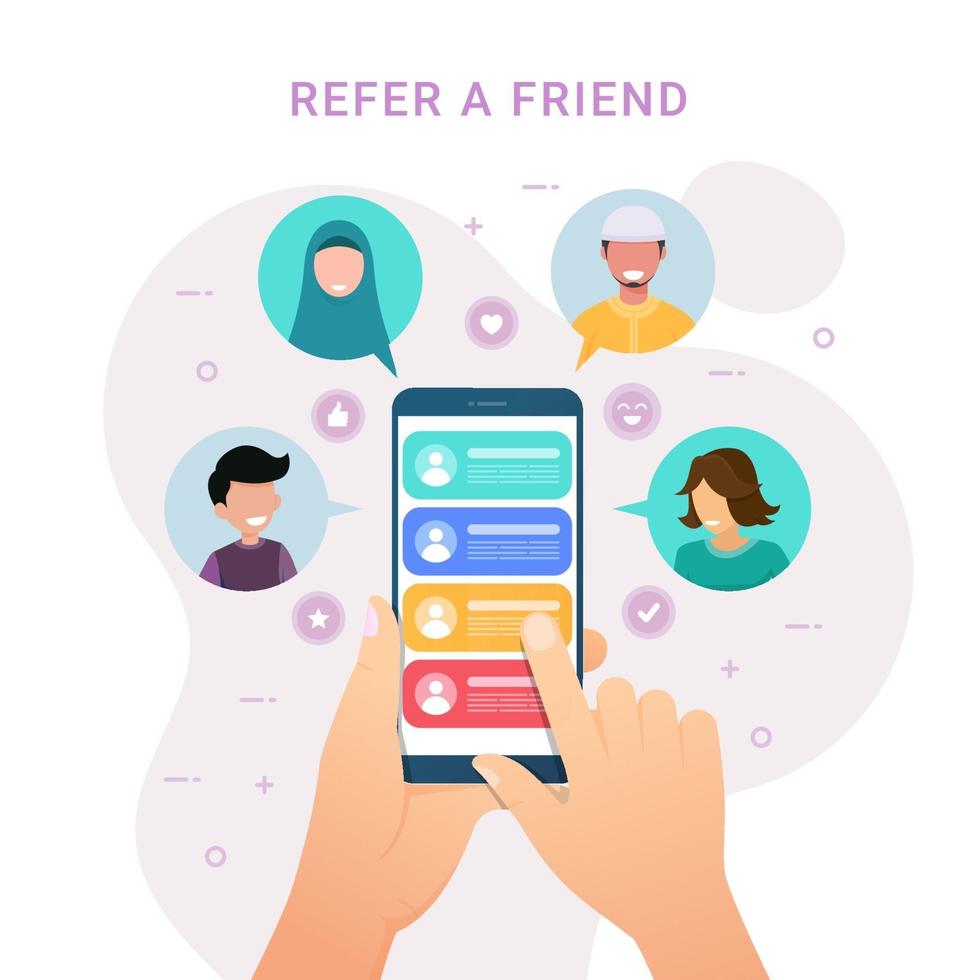 Hands holding phone with contacts for Refer a friend design concept vector