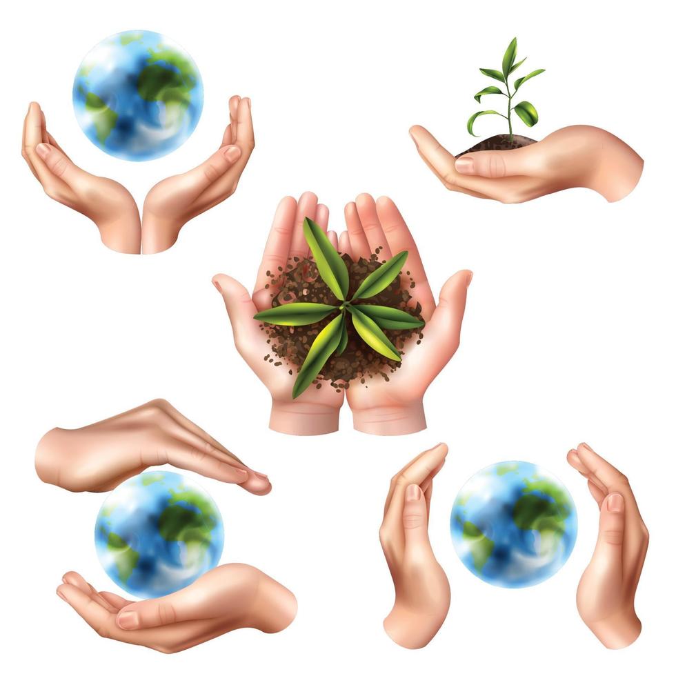 manos realistas ecología símbolo conjunto vector