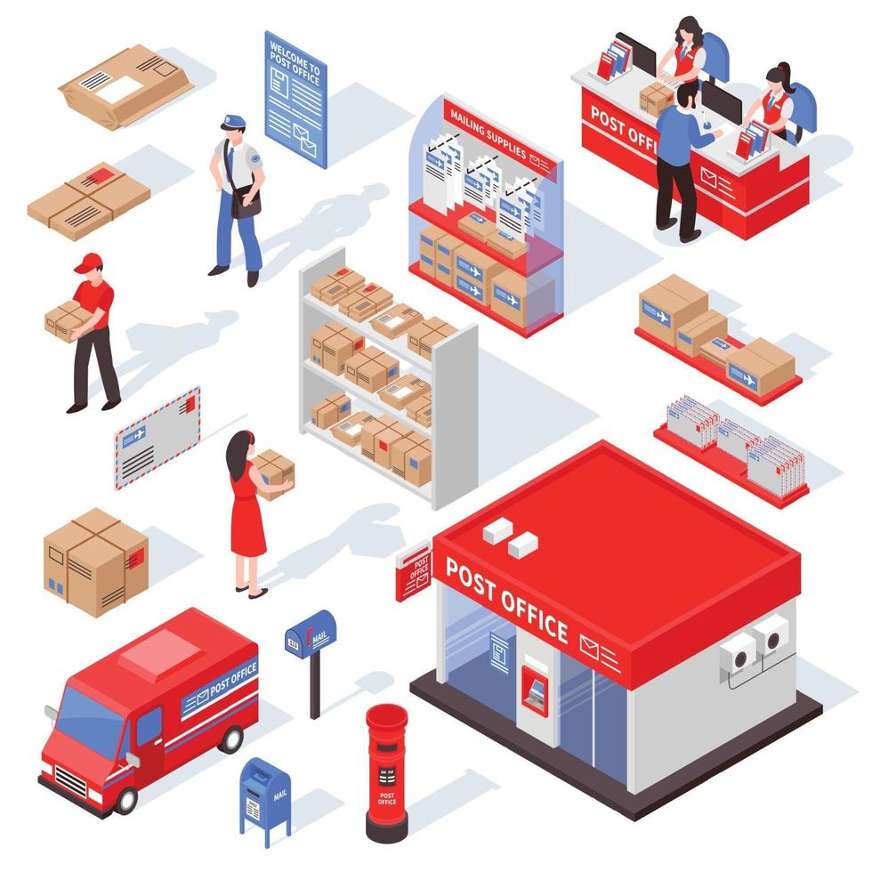 isometric post office postman set vector