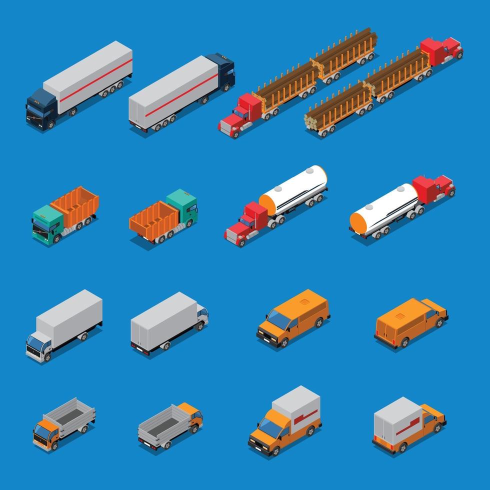 iconos isométricos de vehículos de camiones vector