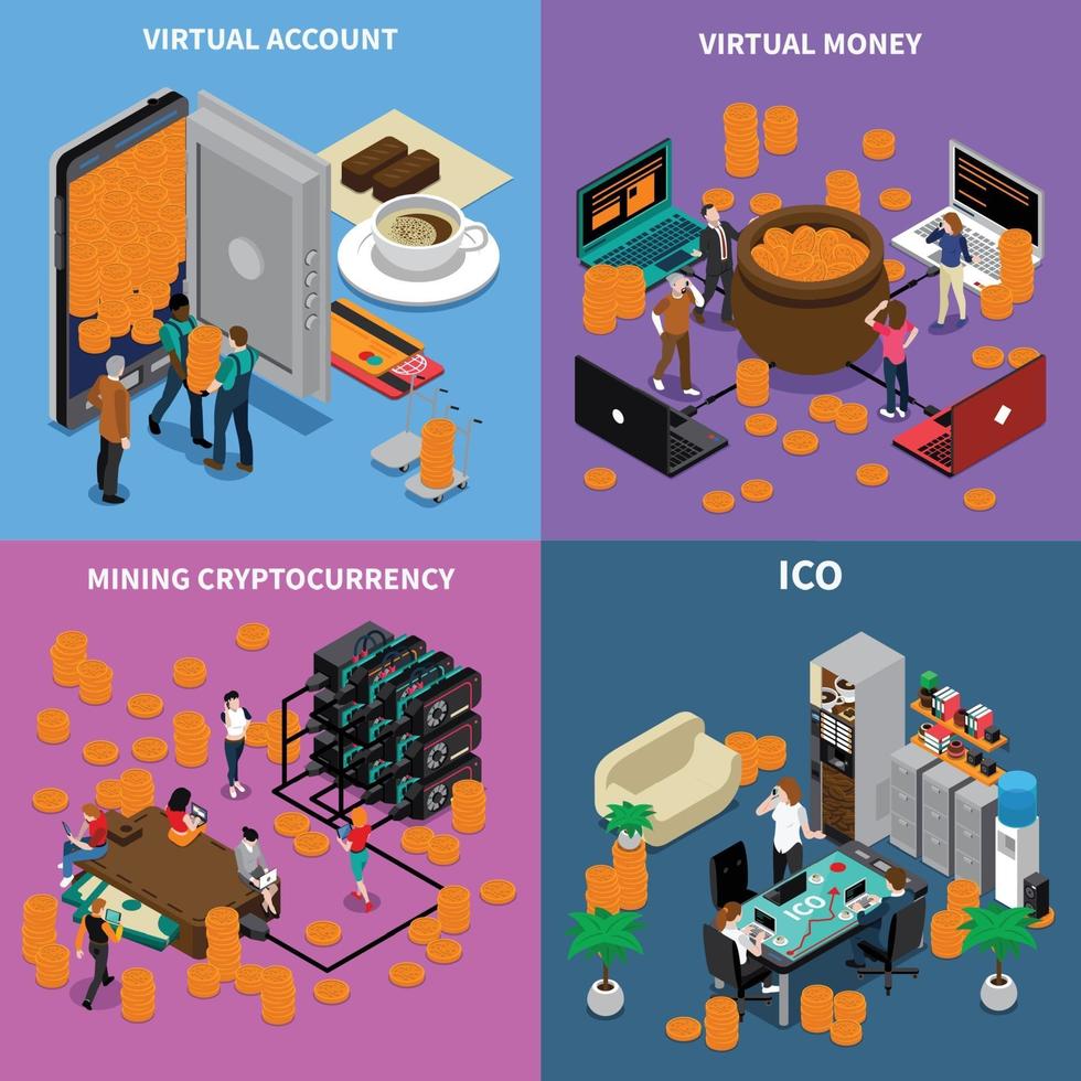 ICO blockchain concept isometric 2x2 vector