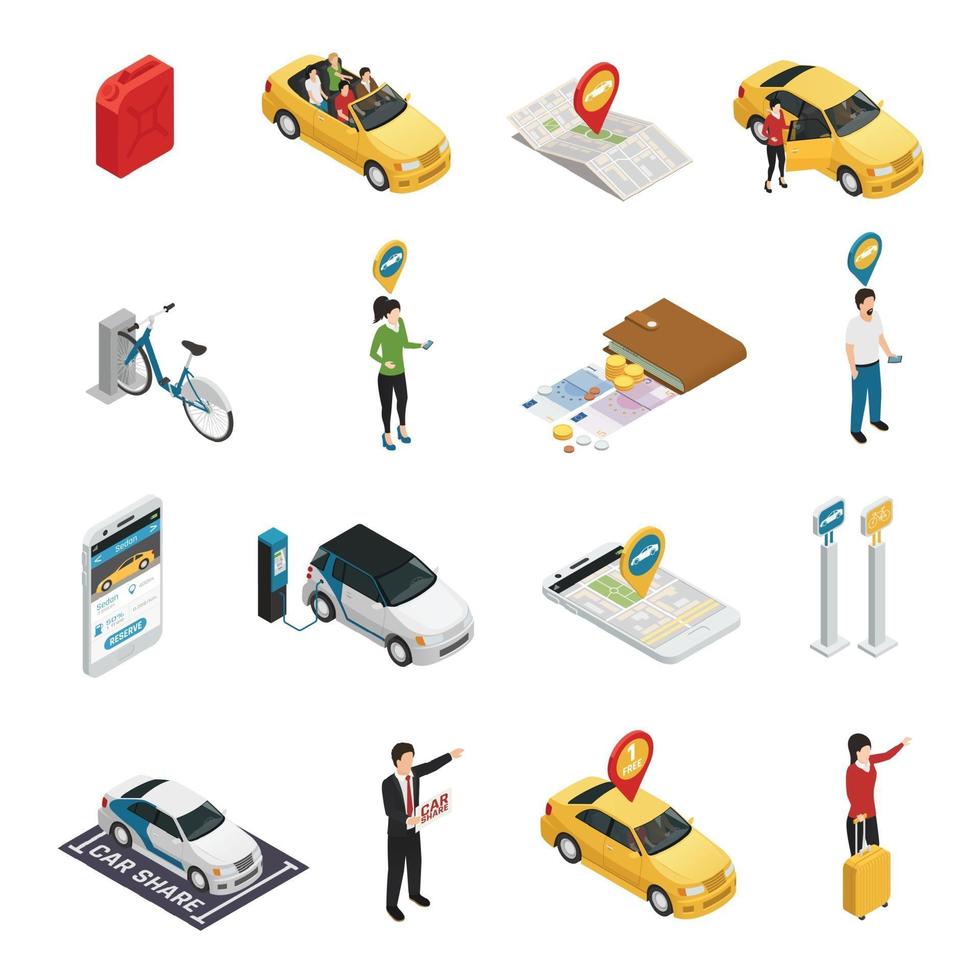 carsharing carpooling ridesharing isometric icons vector