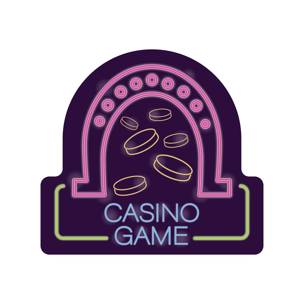 horseshoe and coins casino game neon light label vector