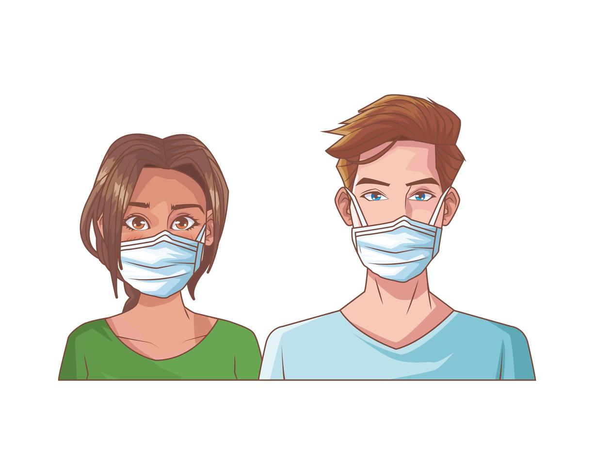 young couple with medical masks vector