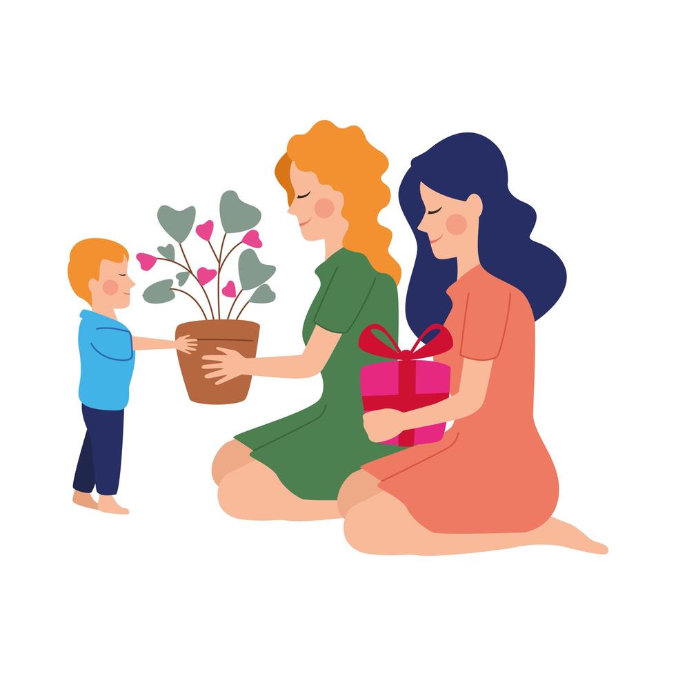 hermosas madres con hijo y regalos. vector