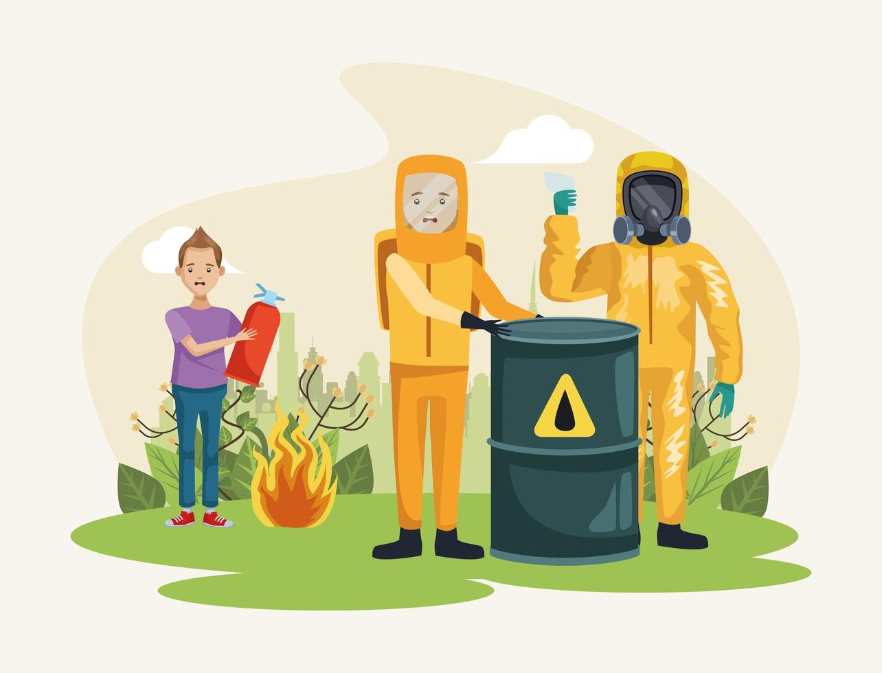 environmentalists with nuclear suit protection characters vector