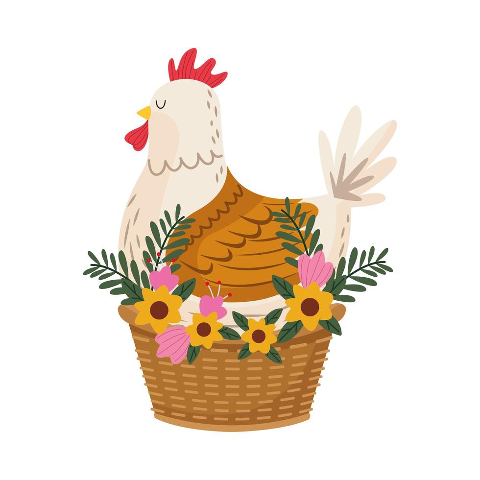 lindo pájaro gallina con flores en la cesta vector