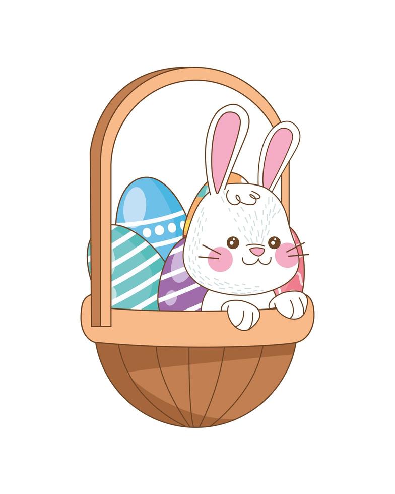 lindo conejo con canasta de huevos, personaje de pascua vector