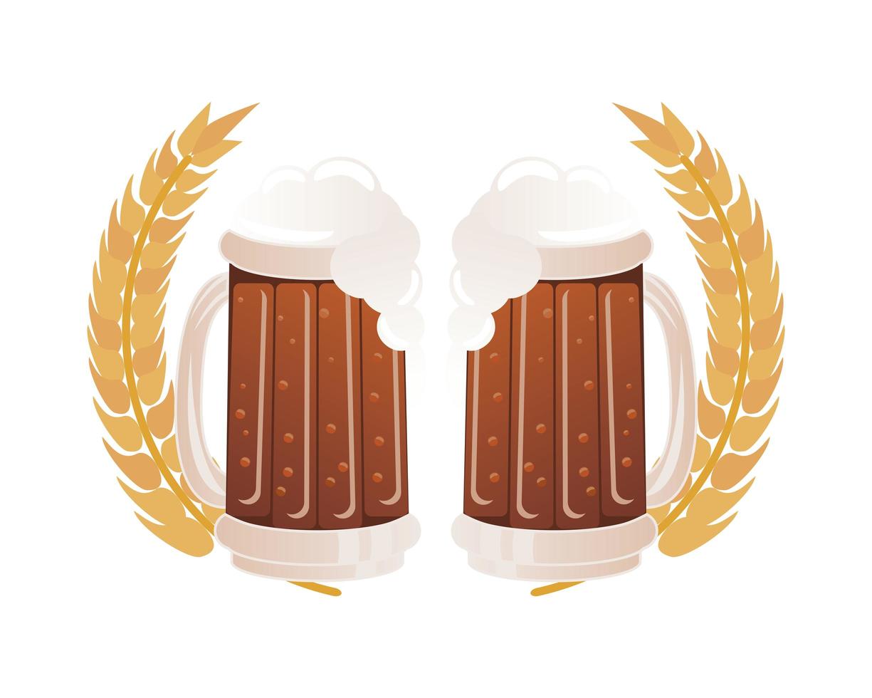 beer mugs with barley spikes vector