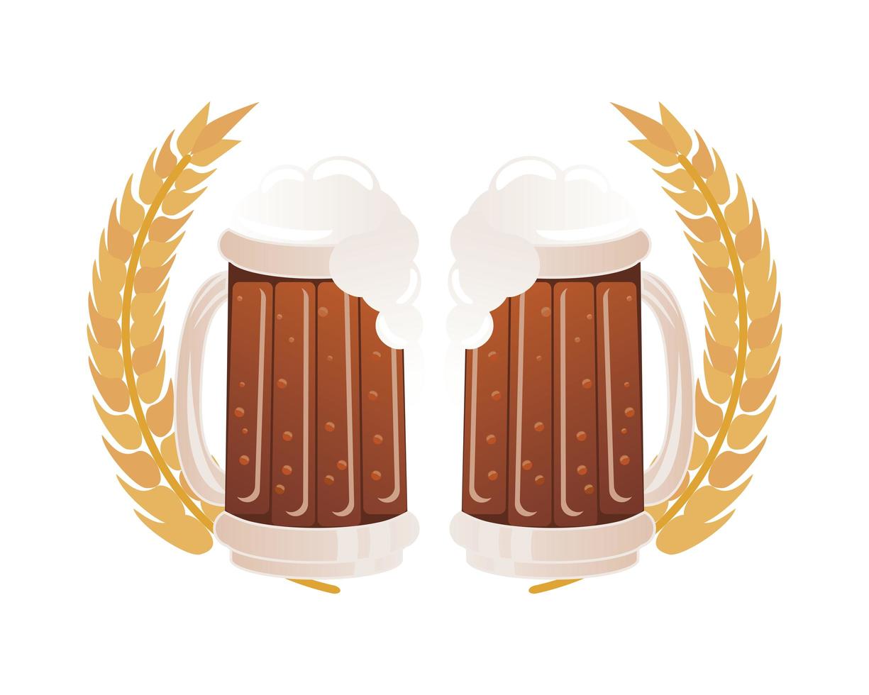 beer mugs with barley spikes vector