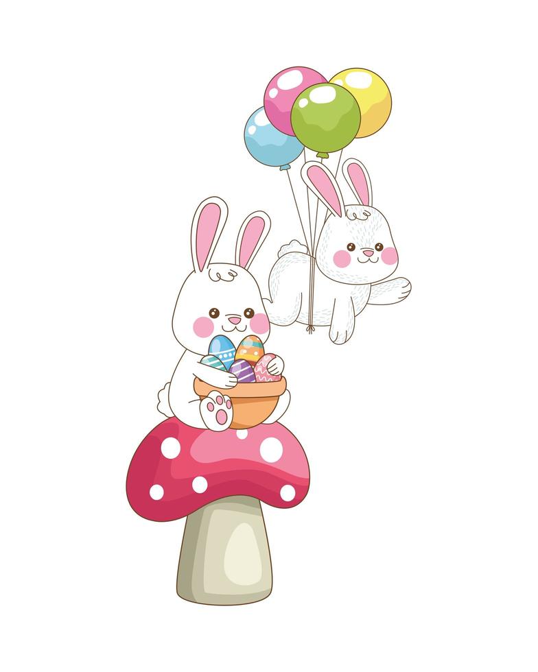 cute little rabbits with painted eggs and helium balloons vector