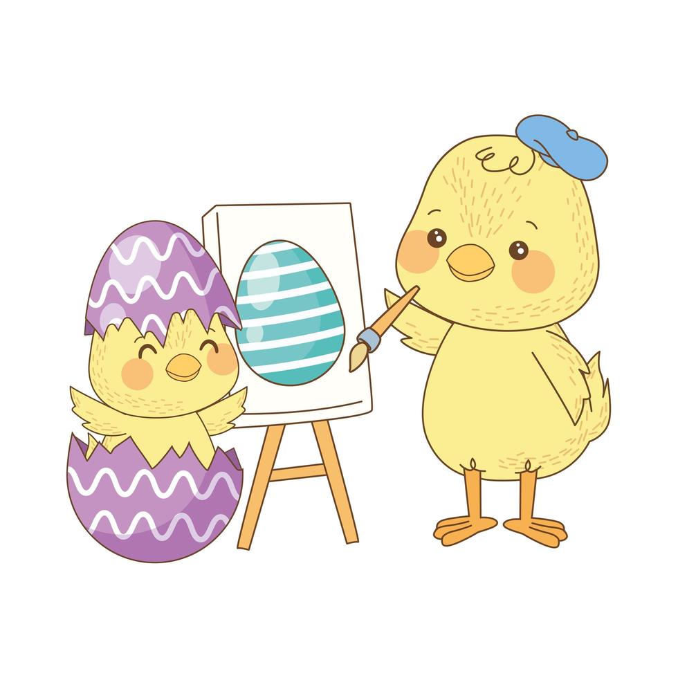 cute little chicks painting egg, easter characters vector