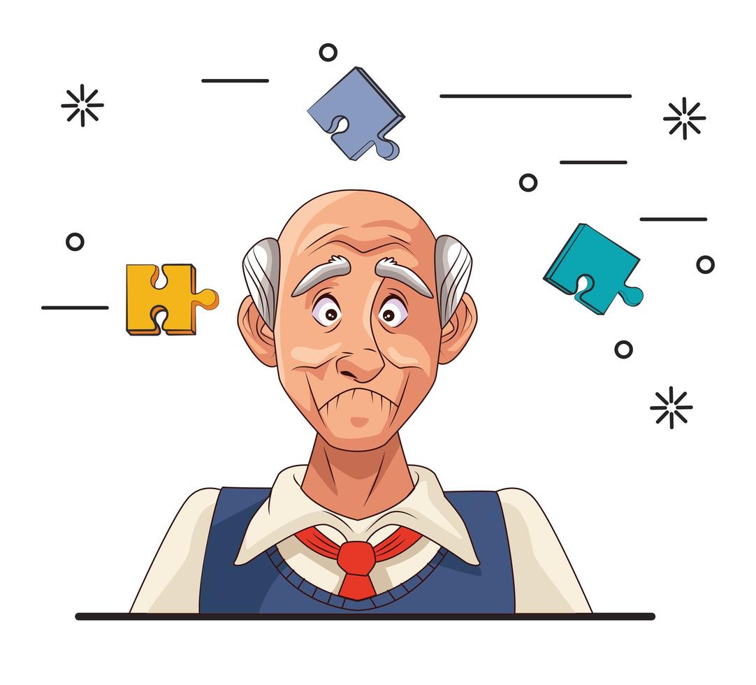 old man and Alzheimer's disease patient with puzzle pieces vector