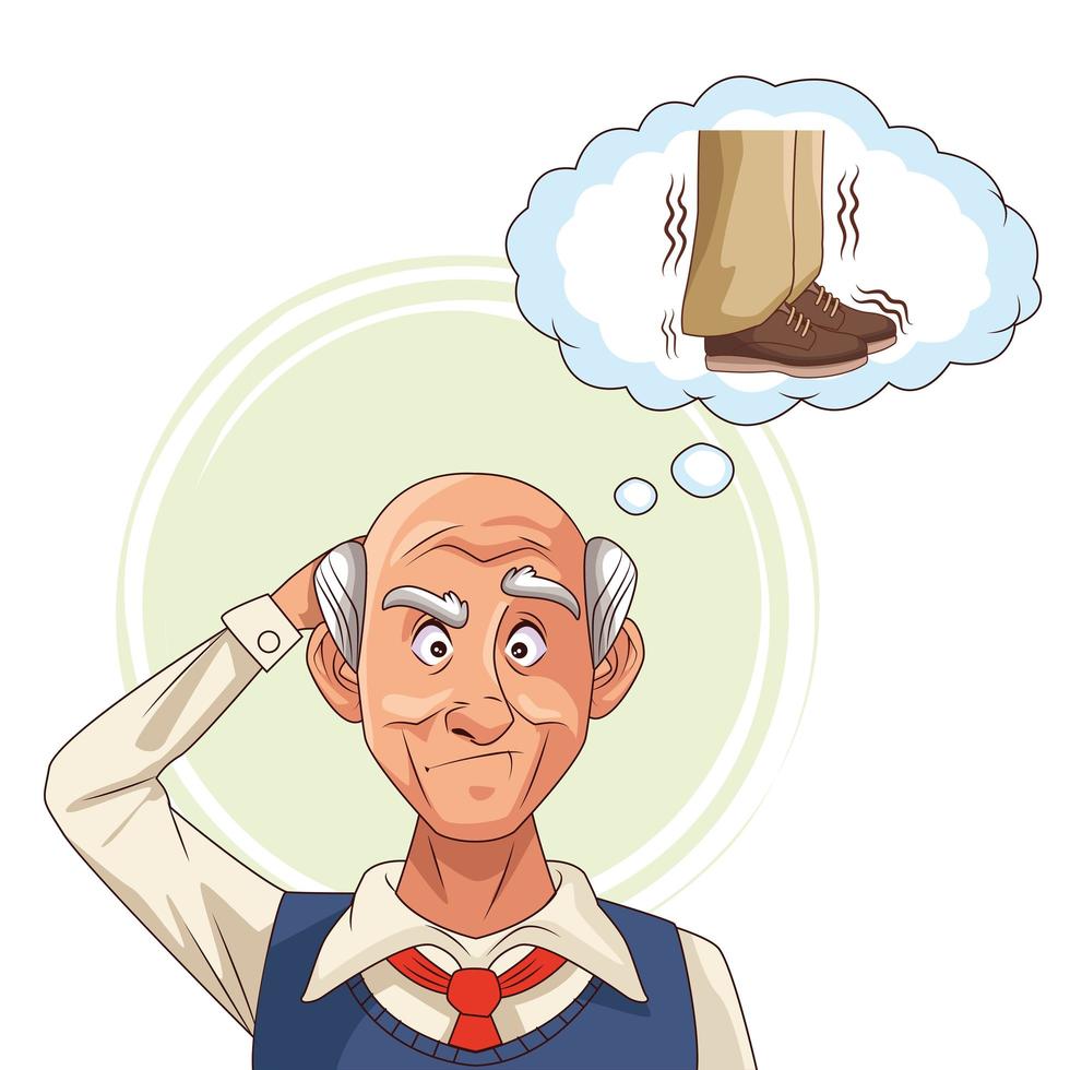 old man and Alzheimer's disease patient thinking about shoes vector