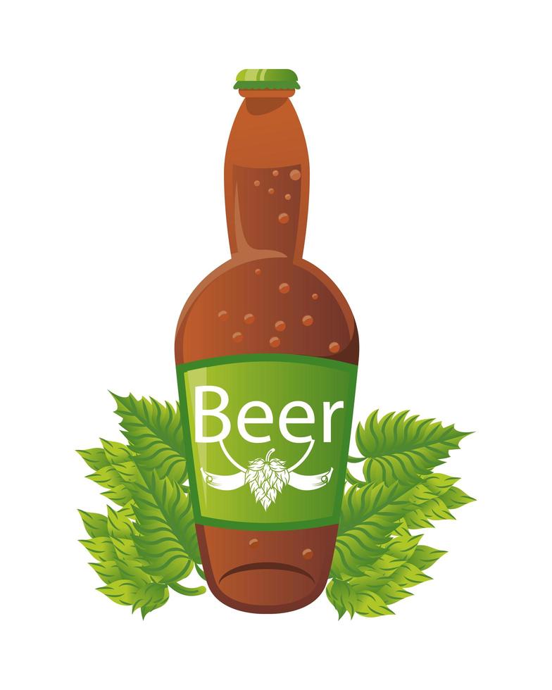 beer bottle with leaves isolated icon vector