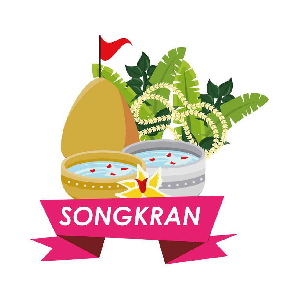 bowl with water and songkran ribbon vector