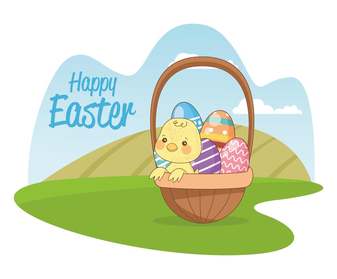Feliz Pascua tarjeta estacional con pollito y huevos en la canasta vector