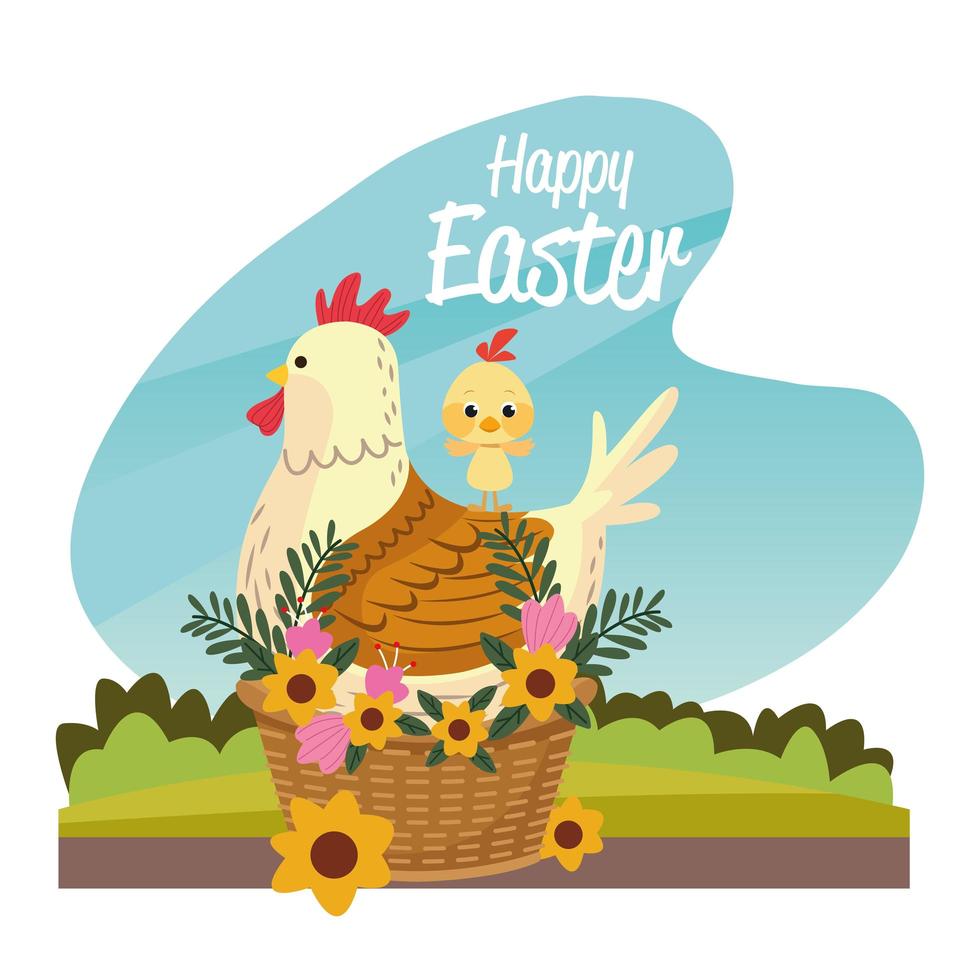 feliz pascua tarjeta estacional con gallina y pollito vector