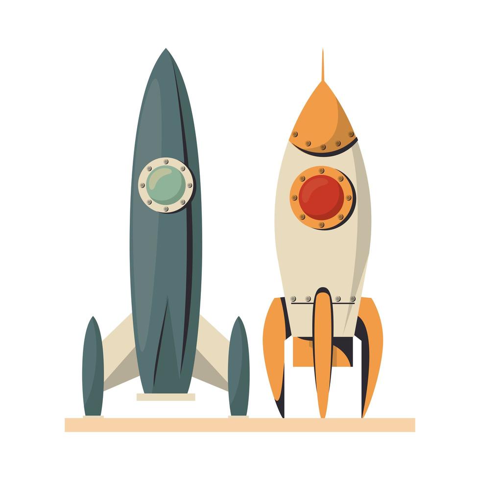 space ship and rocket flying isolated icon vector