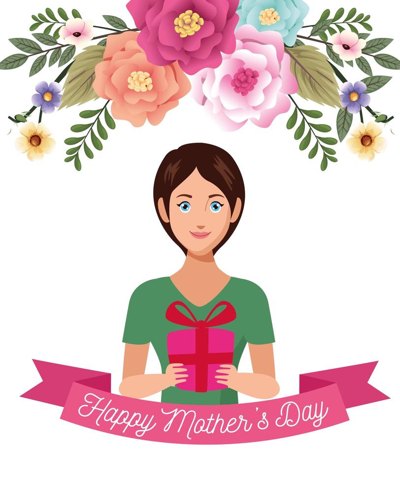 hermosa madre con caja de regalo y flores tarjeta del día de la madre vector