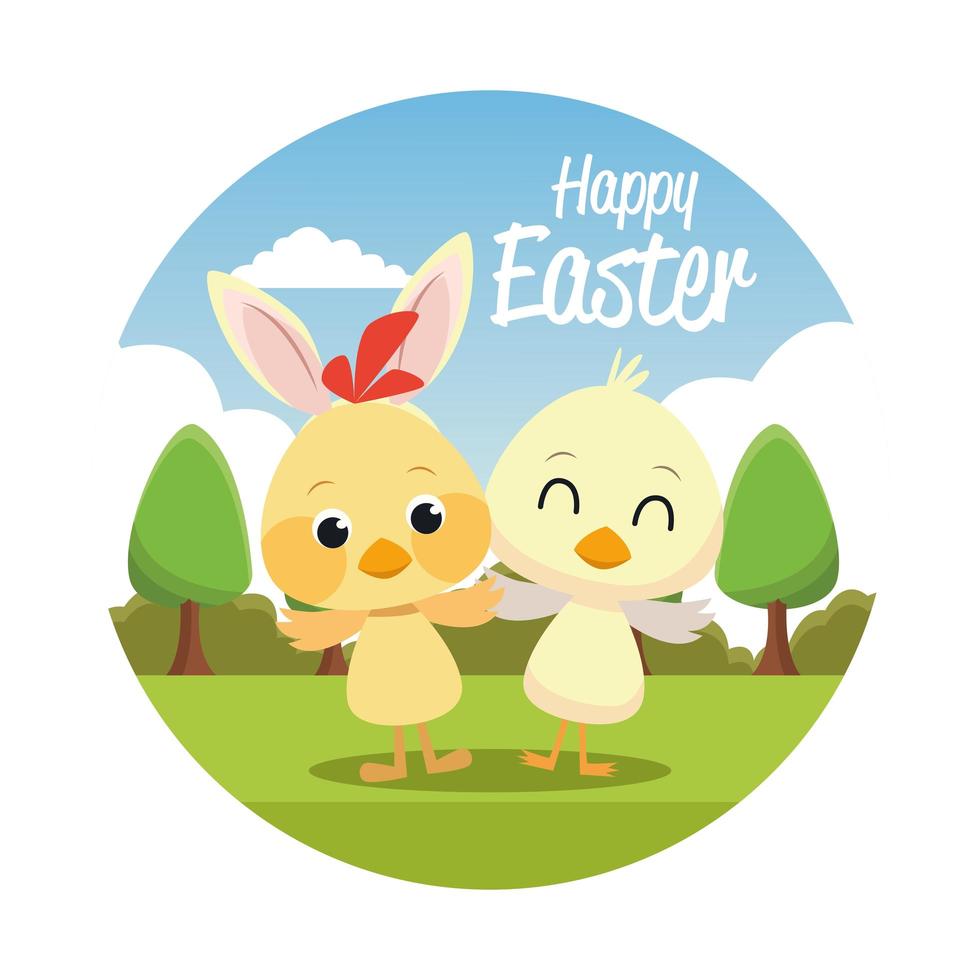 happy easter seasonal card with little chicks in park vector