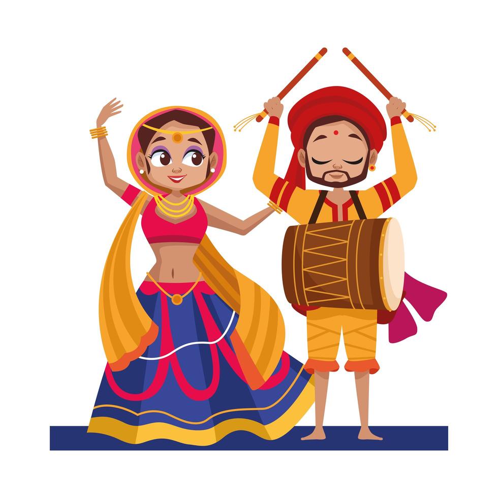 dancing diwali woman and man with traditional clothes vector design