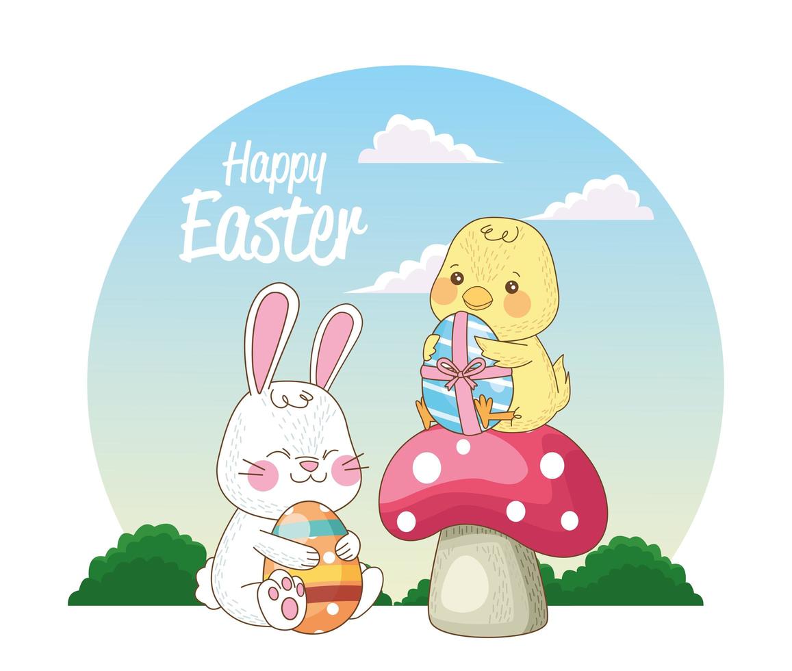 happy easter seasonal card with chick and rabbit on mushrooms vector