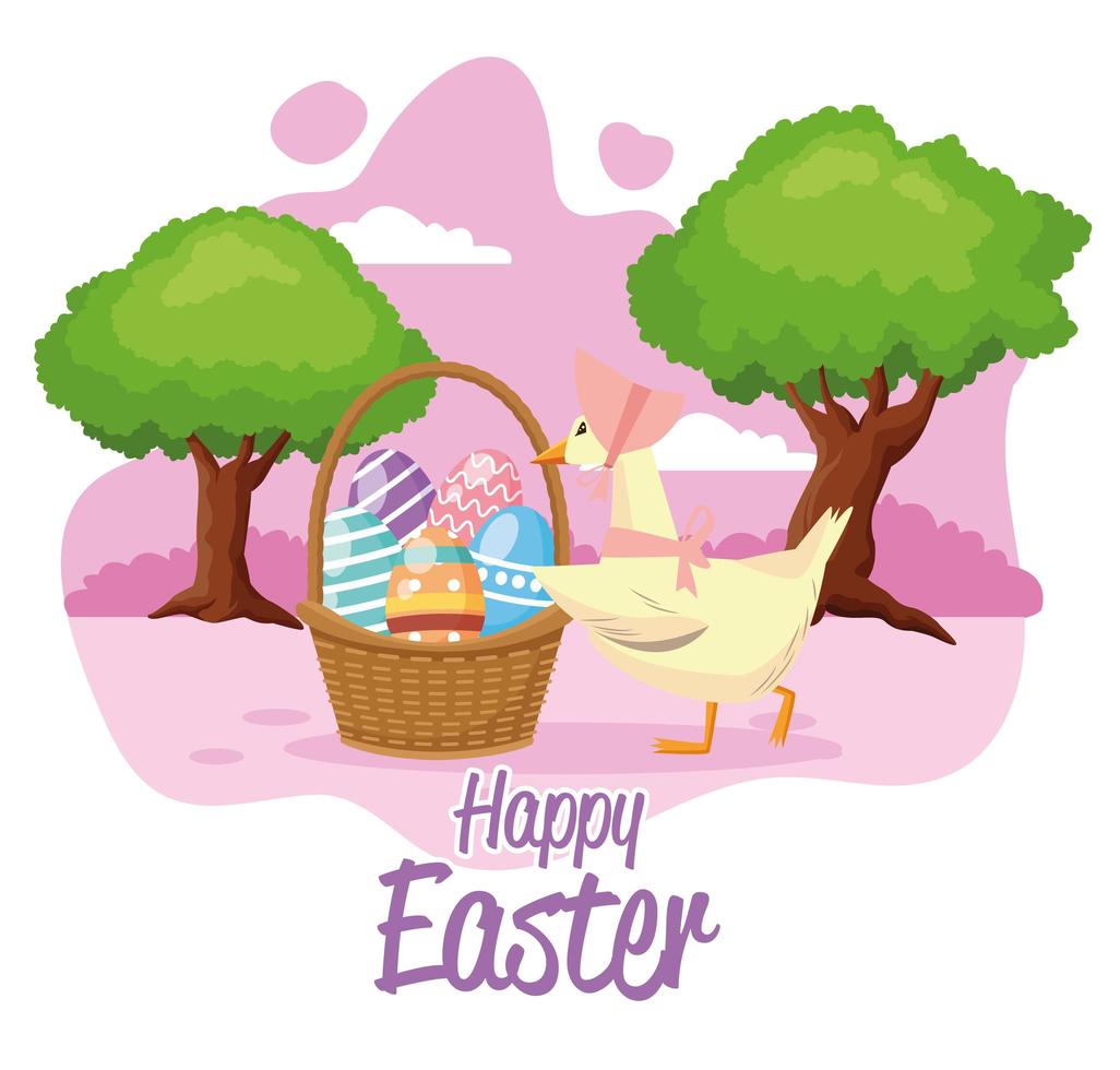 happy easter seasonal card with eggs painted in basket and duck vector