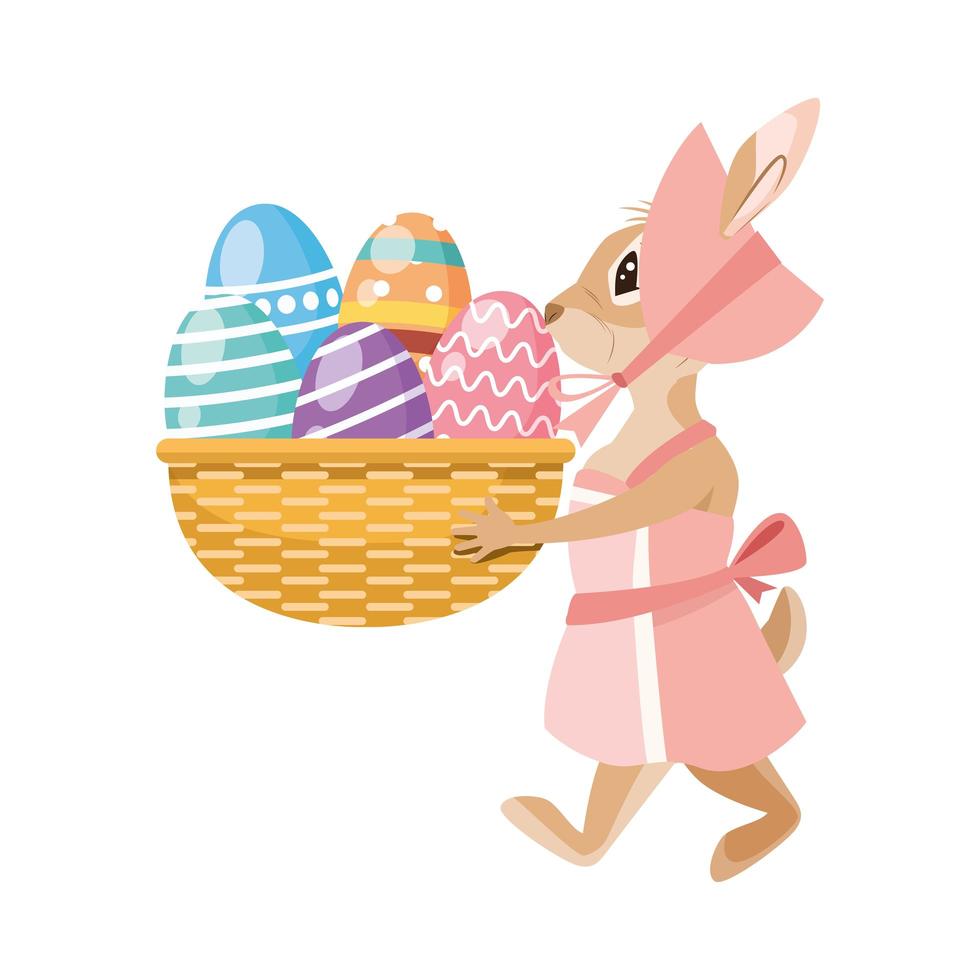 lindo conejo con canasta de huevos, personaje de pascua vector