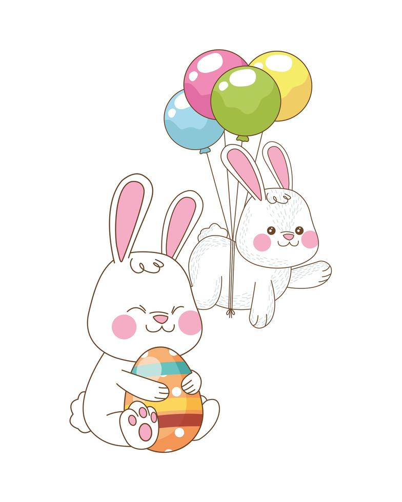 cute little rabbits with painted eggs and helium balloons vector