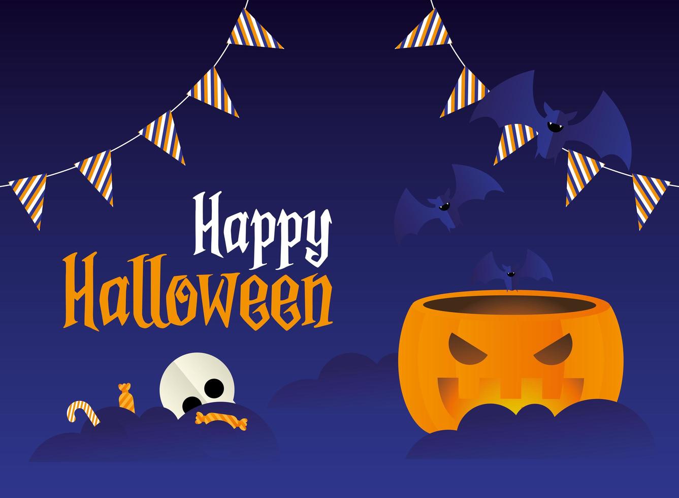 Halloween pumpkin cartoon with bats and candies vector design