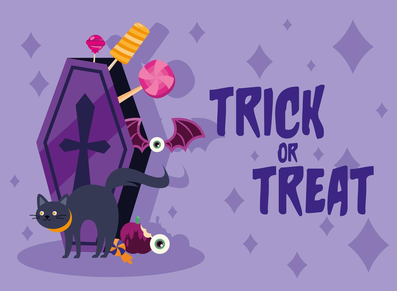 Trick or treat candies inside of a coffin and black cat vector design