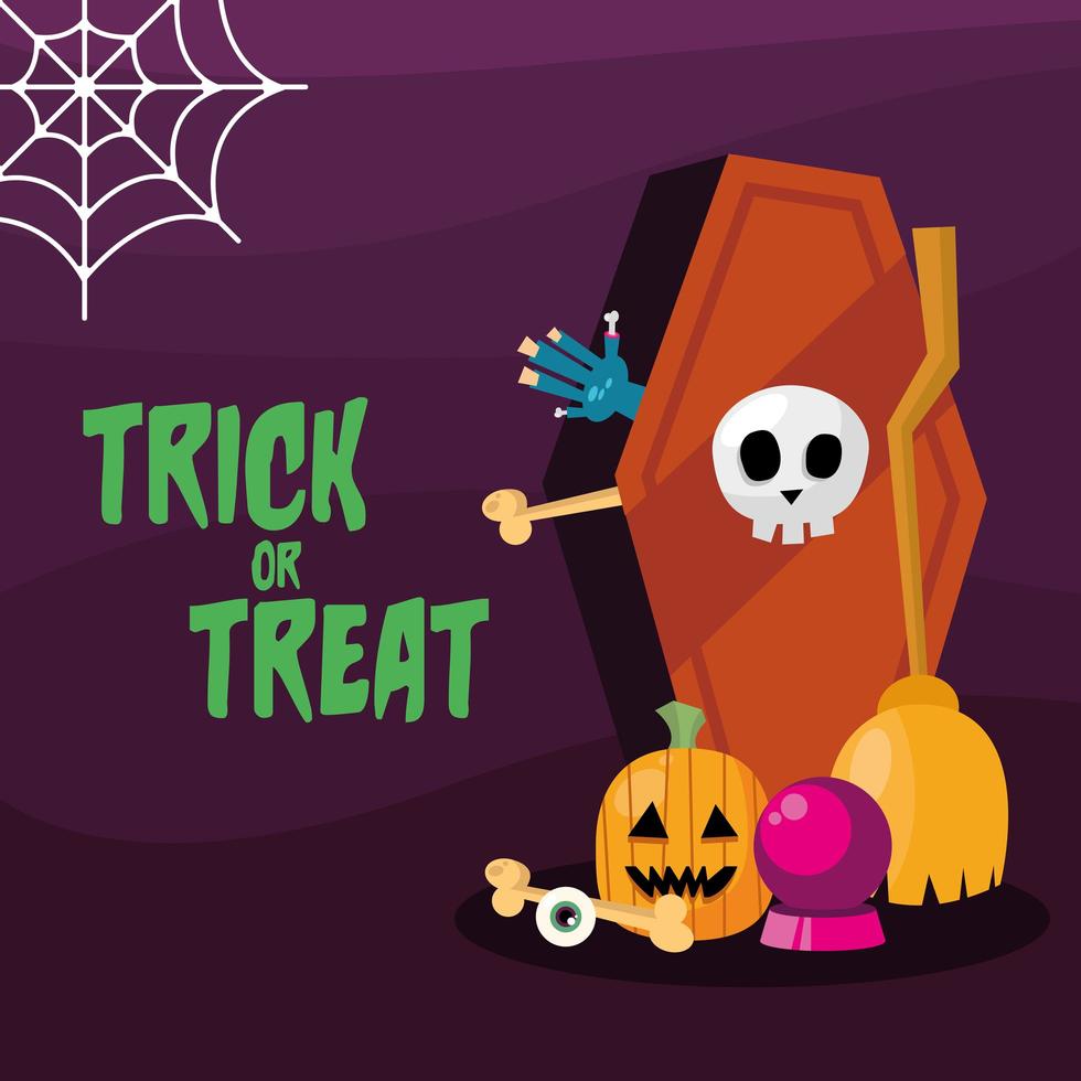 Trick or treat banner with coffin and pumpkin vector design