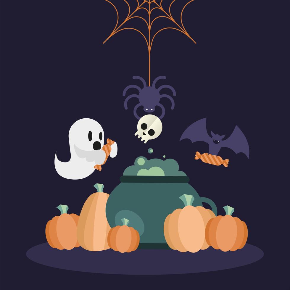 Halloween cauldron and pumpkins vector