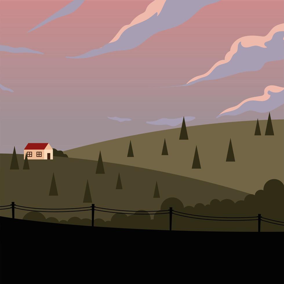 house in the mountains with pine trees background vector