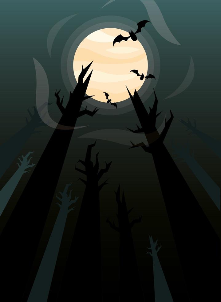 árboles de halloween con murciélagos en la noche diseño vectorial vector