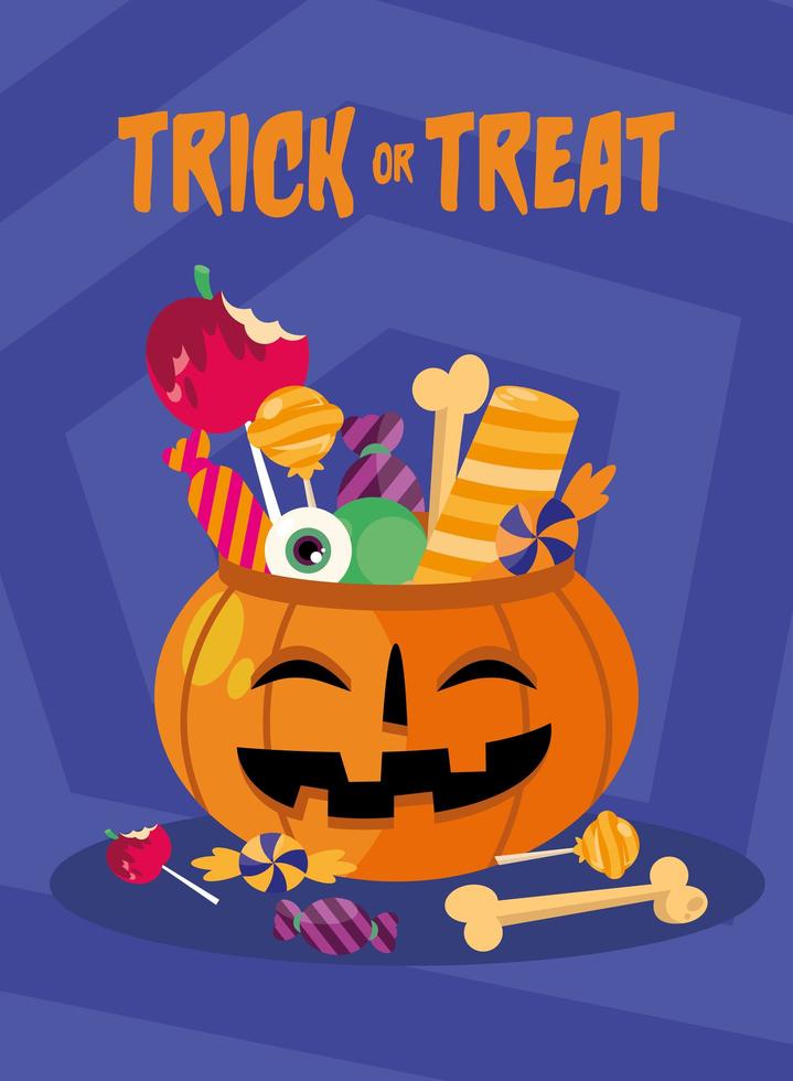 Trick or treat candies inside a pumpkin vector design