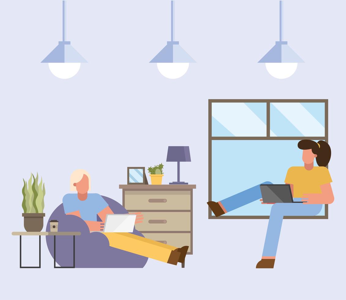 Man and woman with laptop working from home vector design