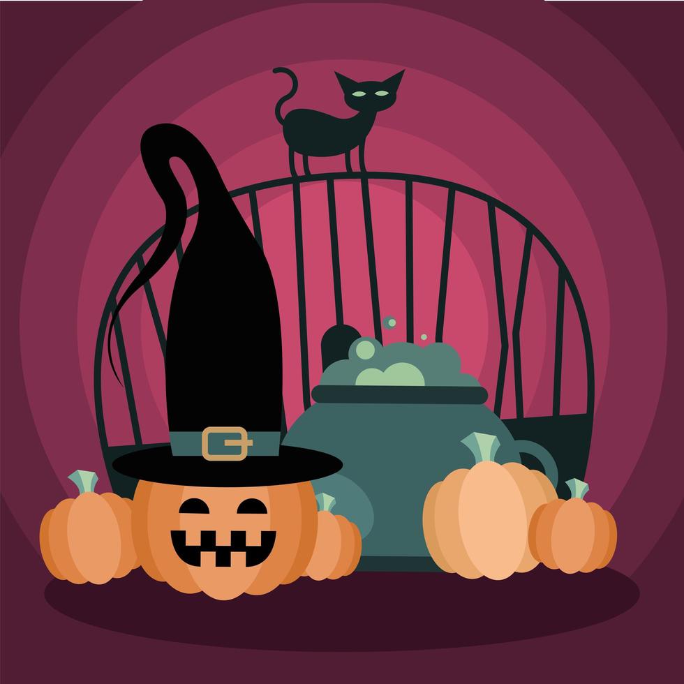 Halloween cat on gate with witch bowl and pumpkins vector design