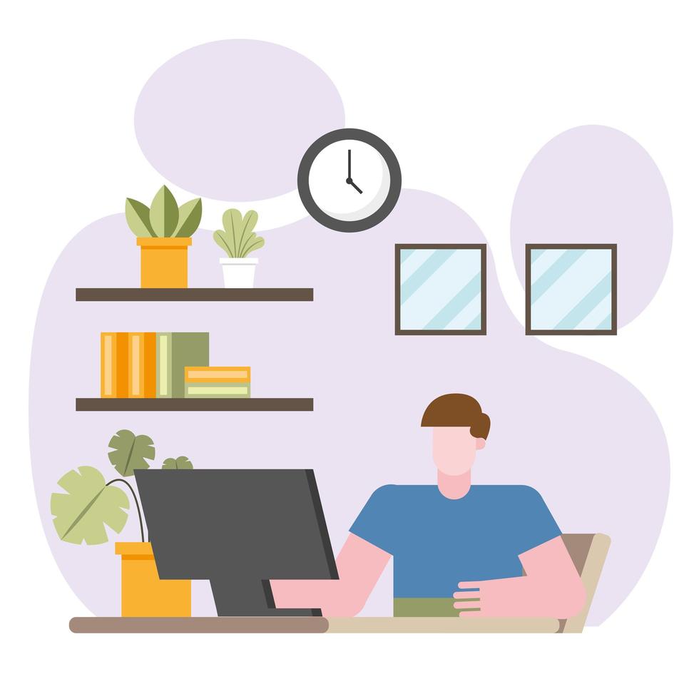 Man with computer working from home vector