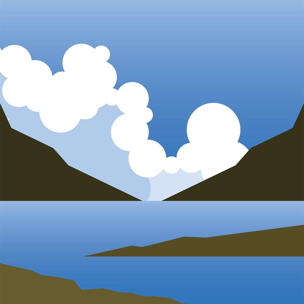 paisaje de lago de montaña y fondo de nubes vector