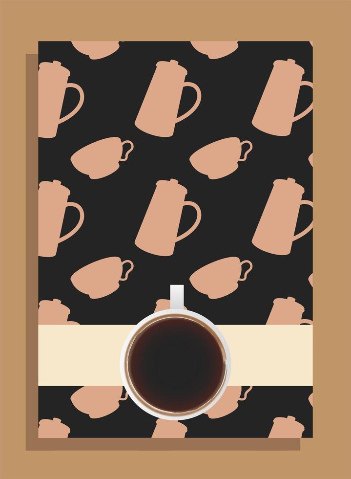 Taza de café en cartel negro con diseño de vector de ollas y tazas