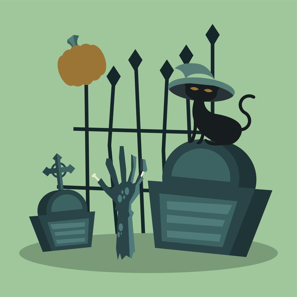 Halloween cat with hat on grave gate and zombie hand vector design