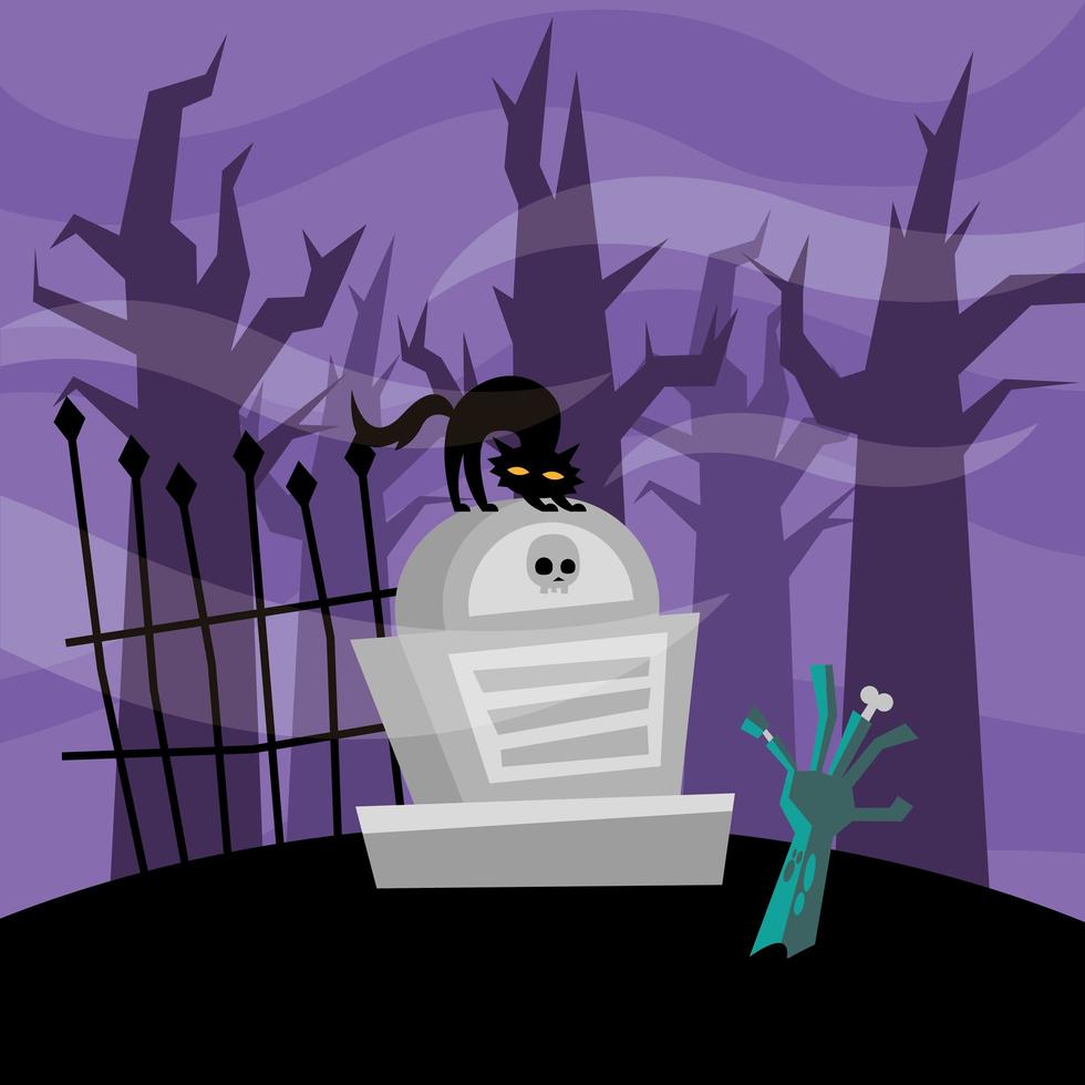 Halloween zombie hand and cat on a grave vector design