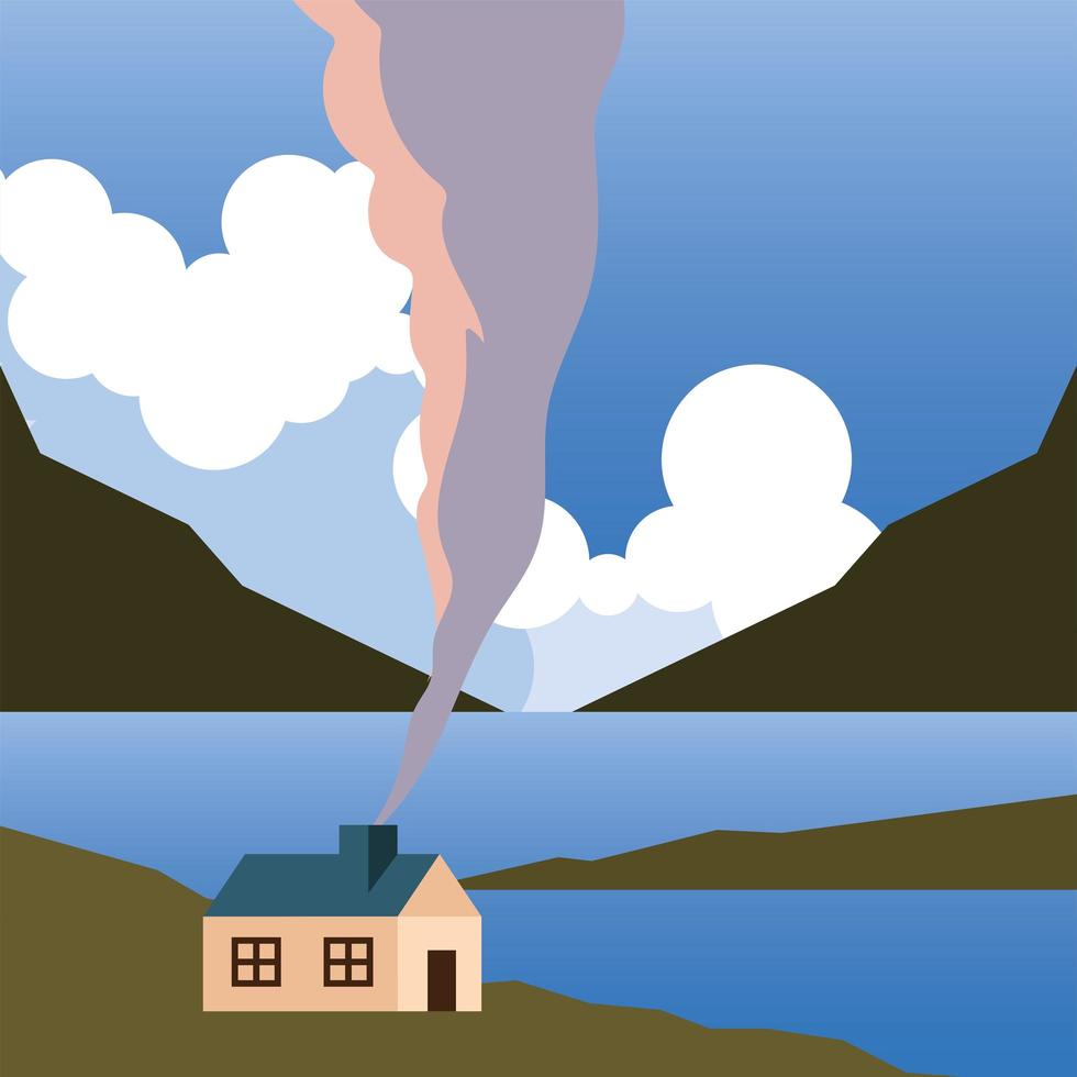 landscape with house at the mountain with lake and clouds background vector